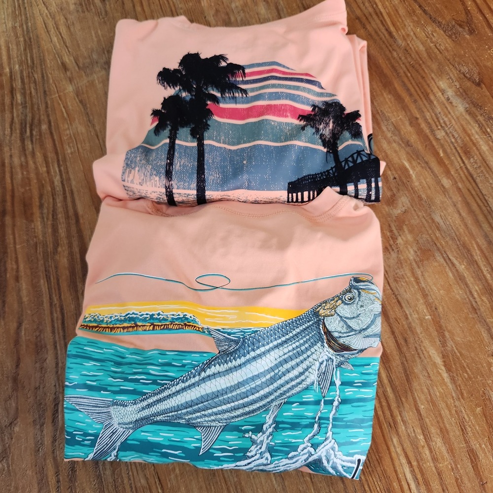 2 Reel Life UV Orange Graphic‎ Fishing Performance Shirts XL Long Sleeve Tarpon